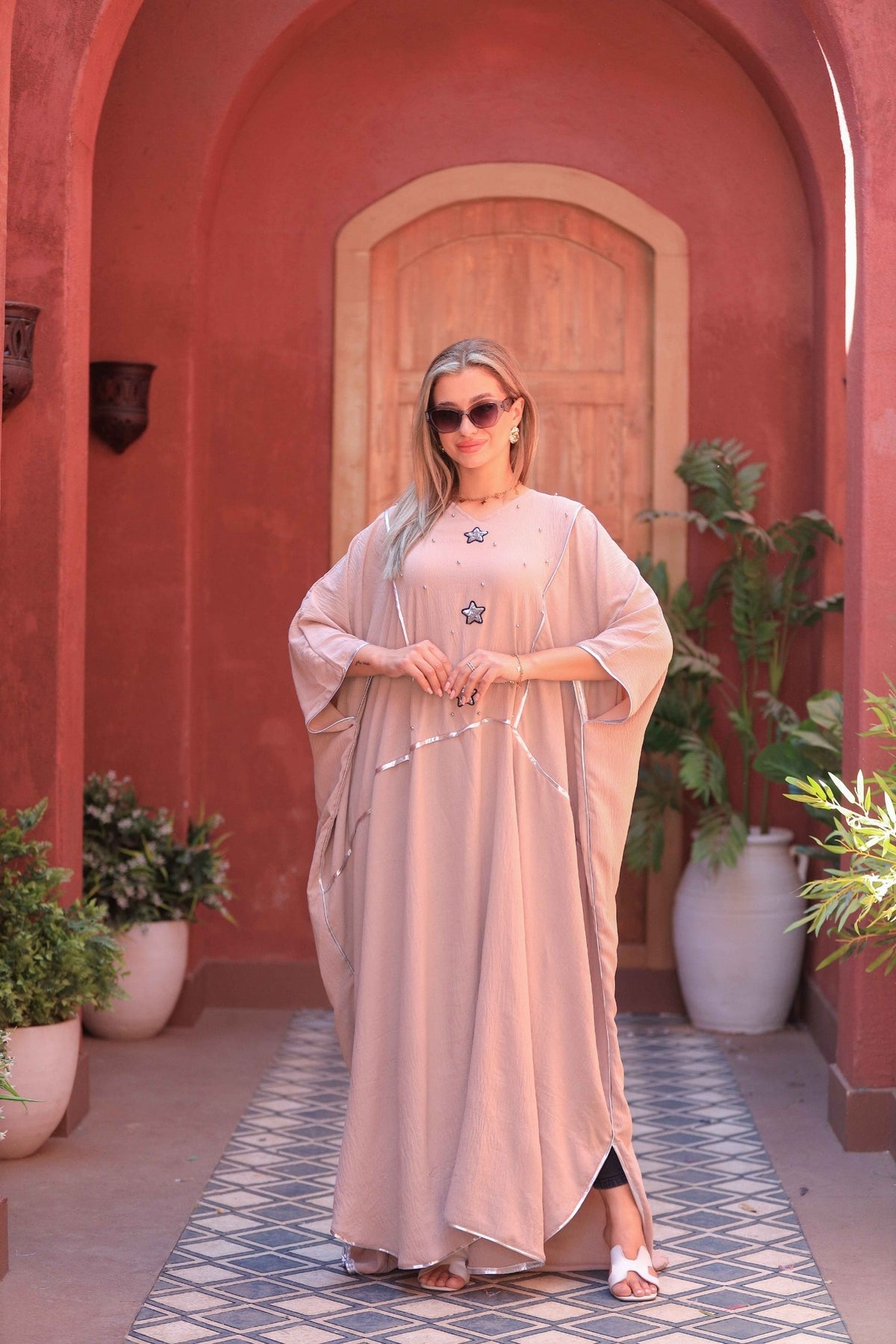 Embroidered CY Fabric Kaftan with Star & Pearl Details – Free Size