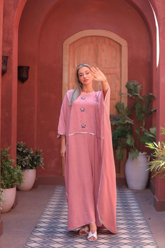 Embroidered CY Fabric Kaftan with Star & Pearl Details – Free Size