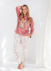 Velvet Bunny Pajama Set – Soft Pink Two-Piece with Printed Pants & Pockets