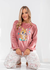 Velvet Bunny Pajama Set – Soft Pink Two-Piece with Printed Pants & Pockets