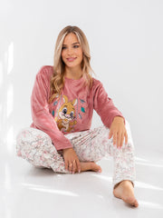 Velvet Bunny Pajama Set – Soft Pink Two-Piece with Printed Pants & Pockets