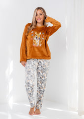 Velvet Bunny Pajama Set – Soft Pink Two-Piece with Printed Pants & Pockets