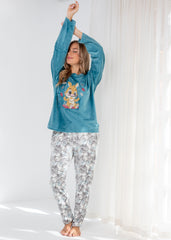 Velvet Bunny Pajama Set – Soft Pink Two-Piece with Printed Pants & Pockets