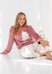 Velvet Christmas Tree Pajama Set – Soft Pink Two-Piece Winter Homewear