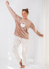 Velvet Owl Pajama Set – Soft Beige Two-Piece Winter Homewear