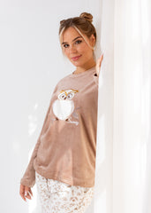 Velvet Owl Pajama Set – Soft Beige Two-Piece Winter Homewear