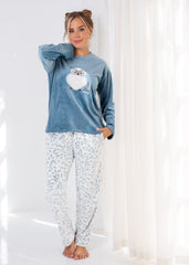 Velvet Owl Pajama Set – Soft Beige Two-Piece Winter Homewear