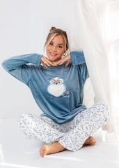 Velvet Owl Pajama Set – Soft Beige Two-Piece Winter Homewear