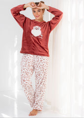 Velvet Owl Pajama Set – Soft Beige Two-Piece Winter Homewear