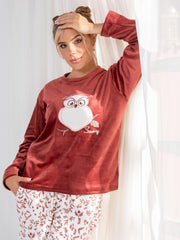 Velvet Owl Pajama Set – Soft Beige Two-Piece Winter Homewear