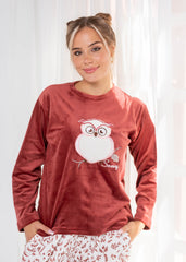 Velvet Owl Pajama Set – Soft Beige Two-Piece Winter Homewear