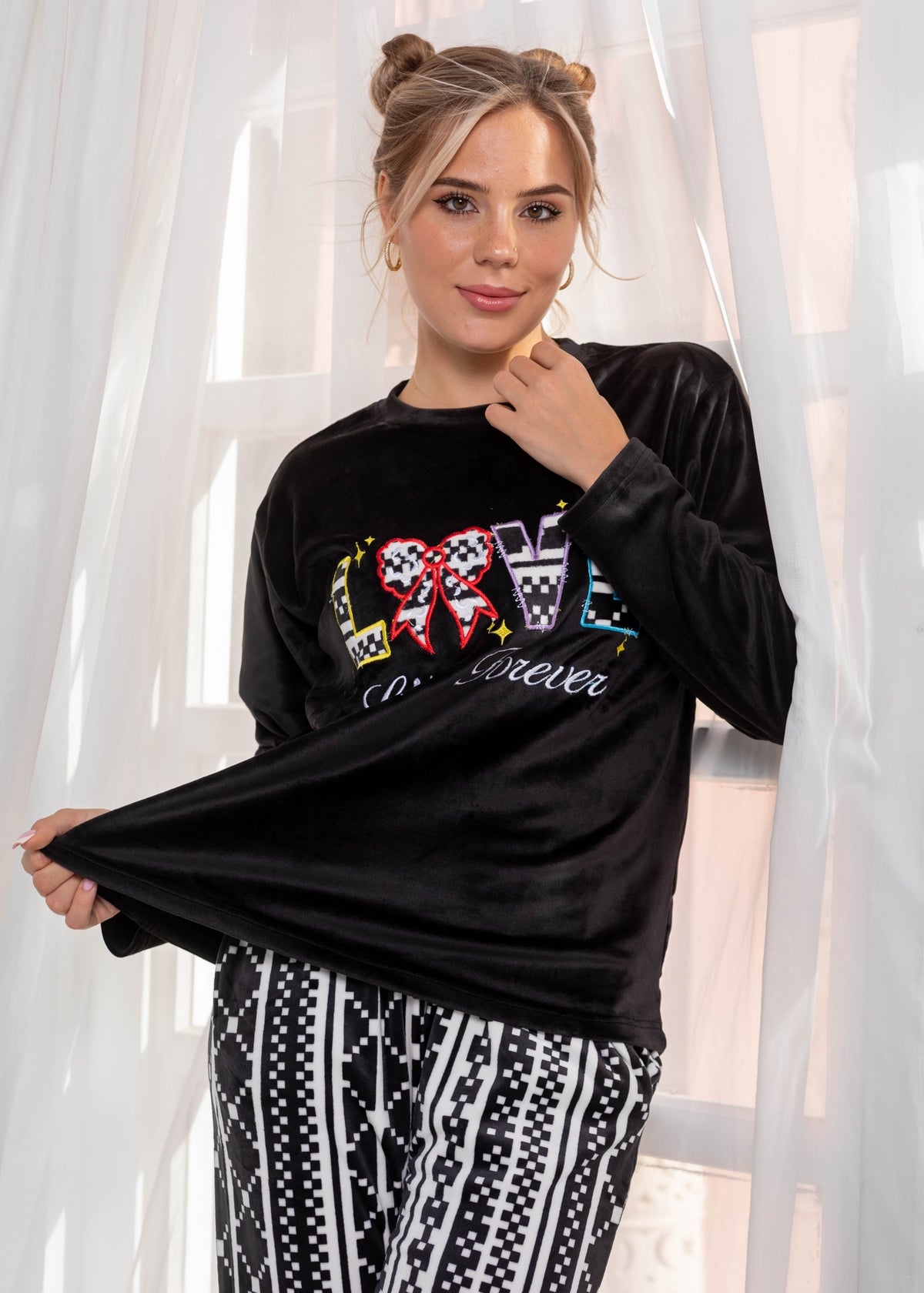 Love Forever Velvet Pajama Set – Black & White Pattern | Winter Homewear