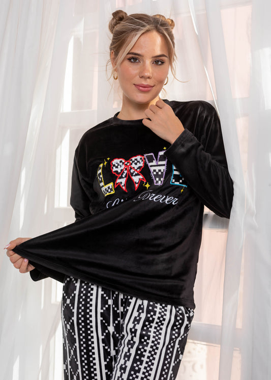 Love Forever Velvet Pajama Set – Black & White Pattern | Winter Homewear
