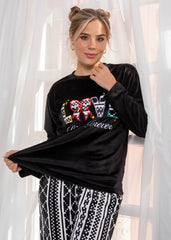 Love Forever Velvet Pajama Set – Black & White Pattern | Winter Homewear