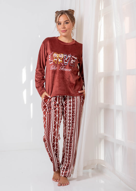 Love Forever Velvet Pajama Set – Black & White Pattern | Winter Homewear