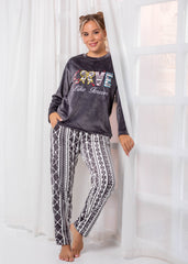 Love Forever Velvet Pajama Set – Black & White Pattern | Winter Homewear