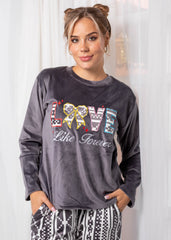Love Forever Velvet Pajama Set – Black & White Pattern | Winter Homewear