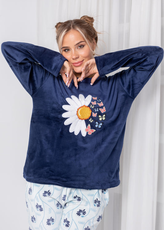 Velvet Daisy Two-Piece Pajama Set – Soft Navy Top & Printed Pants