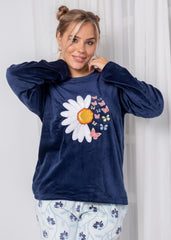 Velvet Daisy Two-Piece Pajama Set – Soft Navy Top & Printed Pants