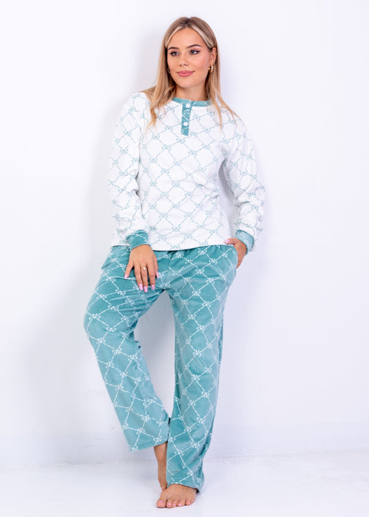 Mint Bow Velvet Pajama Set – Two-Piece Winter Homewear | Fulana Homewear