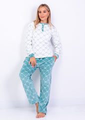 Mint Bow Velvet Pajama Set – Two-Piece Winter Homewear | Fulana Homewear