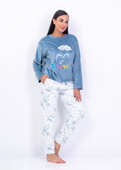 Blue Flower Velvet Pajama Set – Two-Piece Winter Homewear | Fulana Homewear