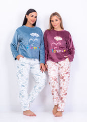 Blue Flower Velvet Pajama Set – Two-Piece Winter Homewear | Fulana Homewear