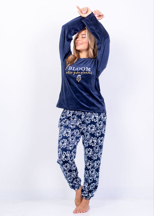 Bloom Velvet Pajama Set – Navy Floral Two-Piece | Fulana Homewear