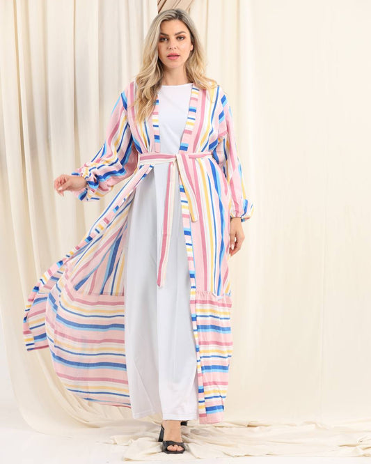 Striped Summer Linen Cardigan – Free Size with Belt