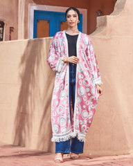 Printed Turkish Satin Kimono – Free Size | Lace Tassel Details