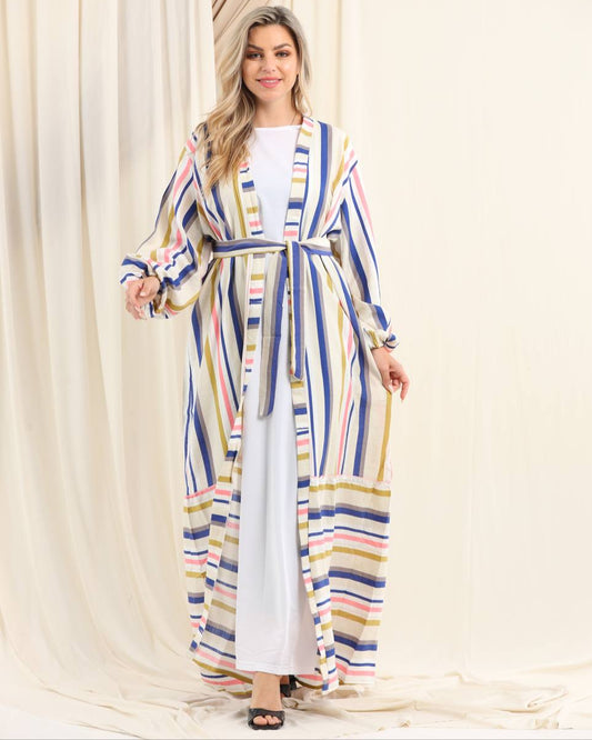 Striped Summer Linen Cardigan – Free Size with Belt
