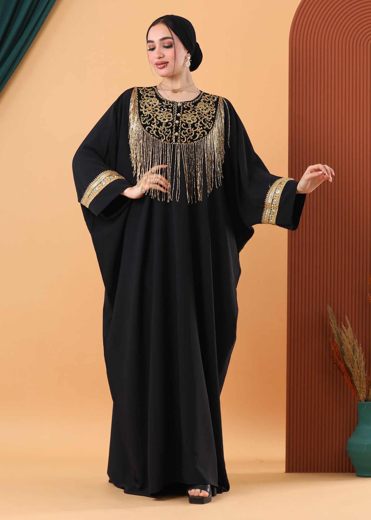 Royal Black Kaftan – Gold Embroidery & Fringe