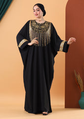 Royal Black Kaftan – Gold Embroidery & Fringe