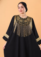 Royal Black Kaftan – Gold Embroidery & Fringe