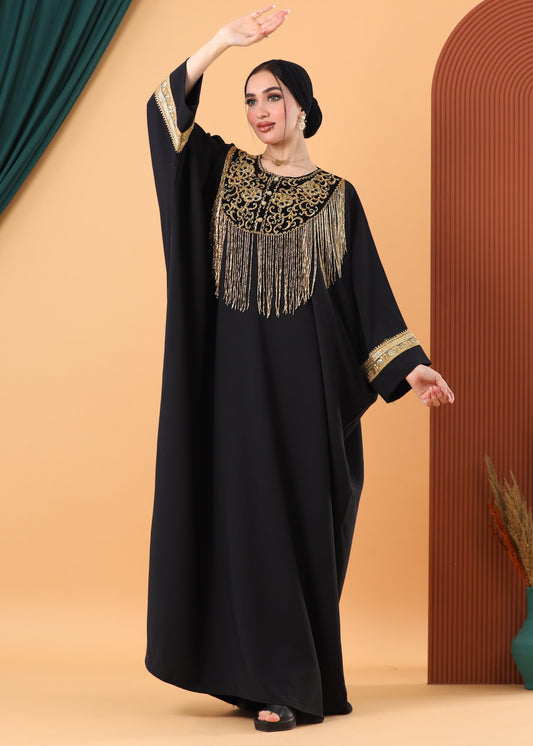Royal Black Kaftan – Gold Embroidery & Fringe