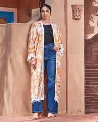 Printed Turkish Satin Kimono – Free Size | Lace Tassel Details