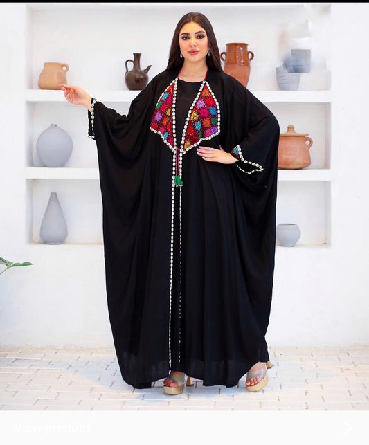 Hand-Embroidered Black Abaya – Free Size with Multicolor Eastern Motif