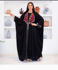 Hand-Embroidered Black Abaya – Free Size with Multicolor Eastern Motif
