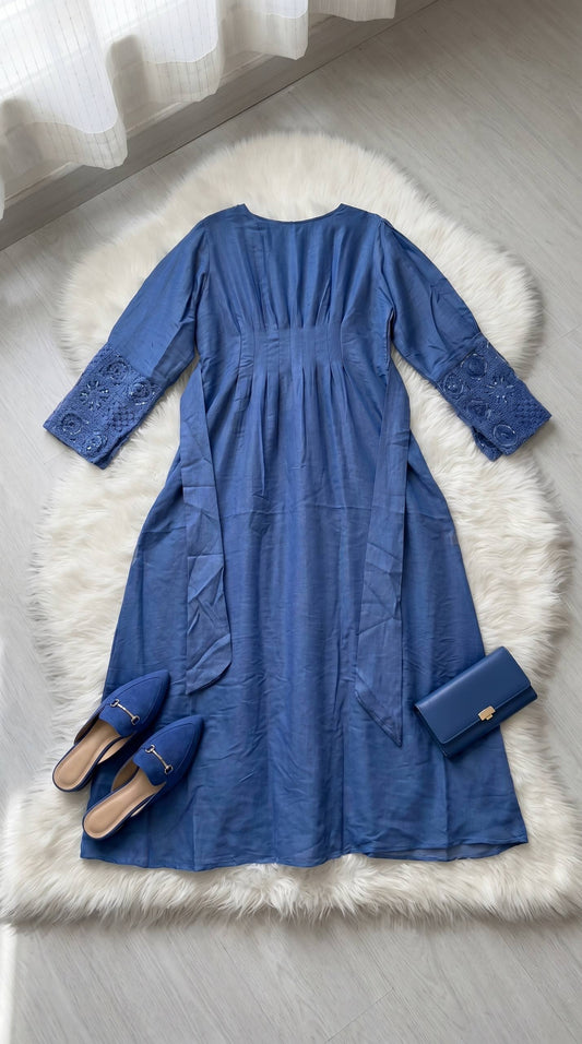 Blue Linen Dress with Embroidered Sleeves