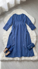 Blue Linen Dress with Embroidered Sleeves