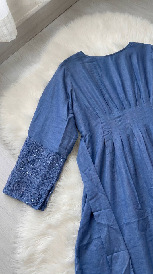 Blue Linen Dress with Embroidered Sleeves