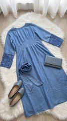 Blue Linen Dress with Embroidered Sleeves