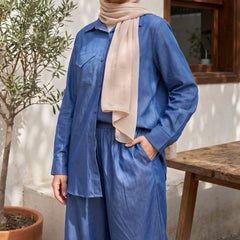 Casual Denim Suit - Long-Sleeve Shirt & Wide-Leg Pants 2-Piece Set