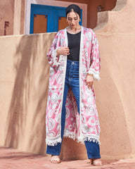 Printed Turkish Satin Kimono – Free Size | Lace Tassel Details