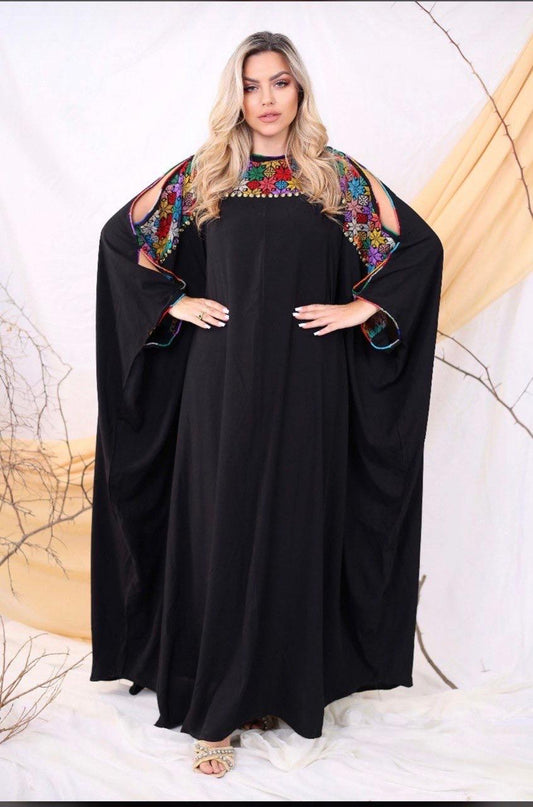 Hand-Embroidered Black Abaya – Free Size with Multicolor Eastern Motif