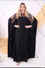 Hand-Embroidered Black Abaya – Free Size with Multicolor Eastern Motif