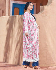 Printed Turkish Satin Kimono – Free Size | Lace Tassel Details