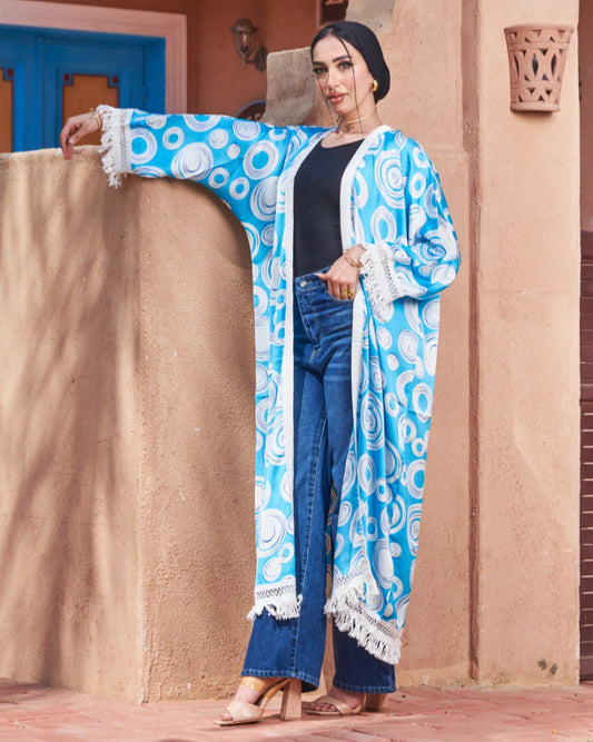 Printed Turkish Satin Kimono – Free Size | Lace Tassel Details
