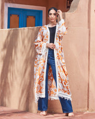 Printed Turkish Satin Kimono – Free Size | Lace Tassel Details