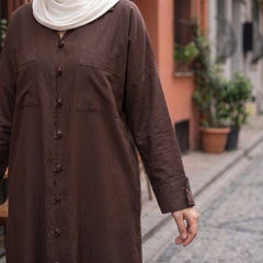 Classic Linen Long Shirt - Elegant Front-Button Maxi Tunic & Modest Dress